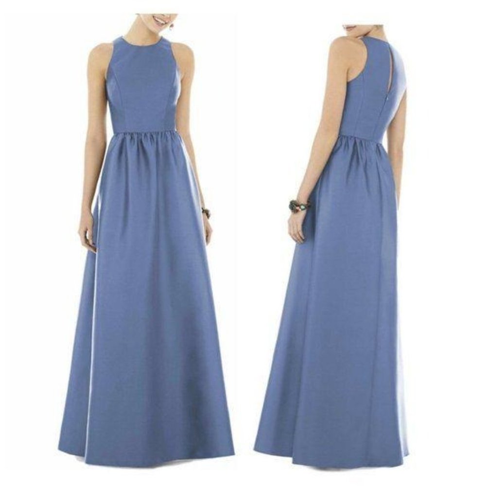 ALFRED SUNG Blue Satin Halter Jewel Neck Gown